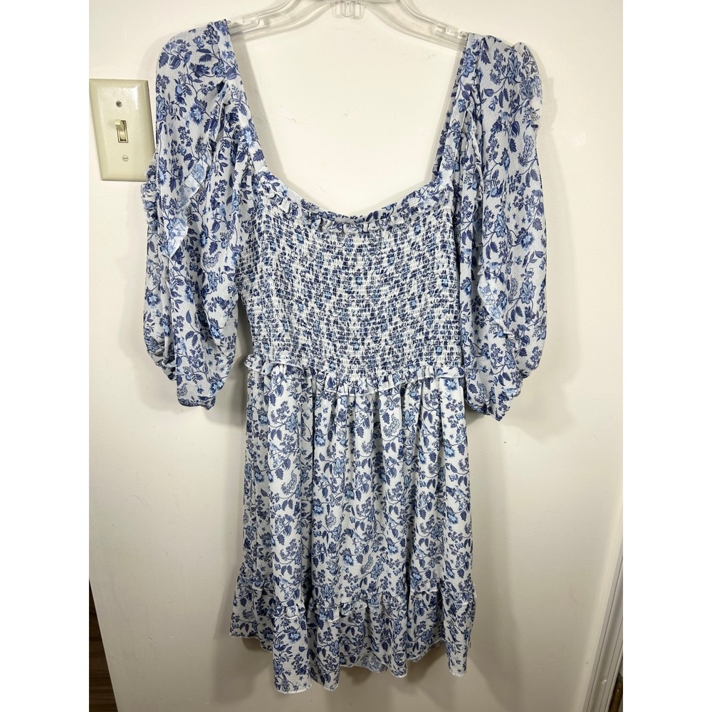 SUPER NATURAL SECRET MISSION Blue Floral Smocked Square‎ Neck Peasant Dress M